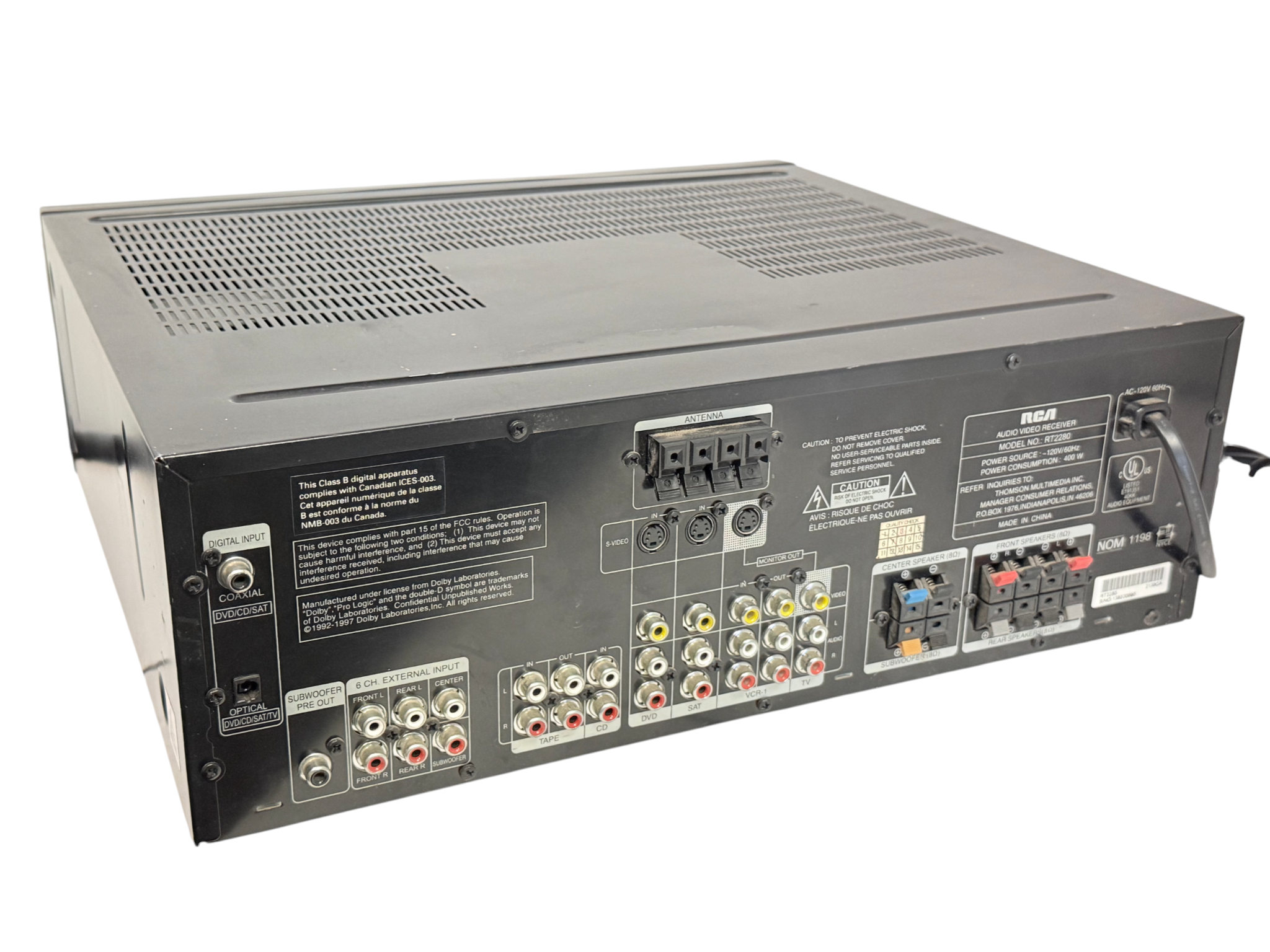 RCA RT2280 Audio Video Receiver : 80W (front), 80W (center), 80W (rear), 100W (sub)