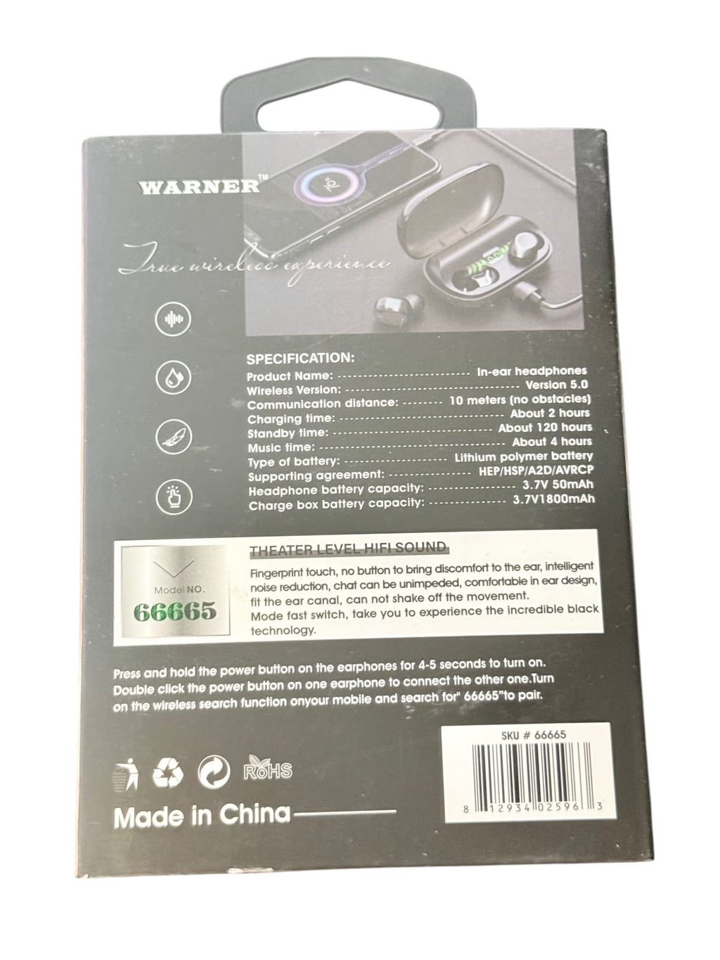 Warner Wireless Bluetooth In-Ear Earbuds Model 66665 Charging Case