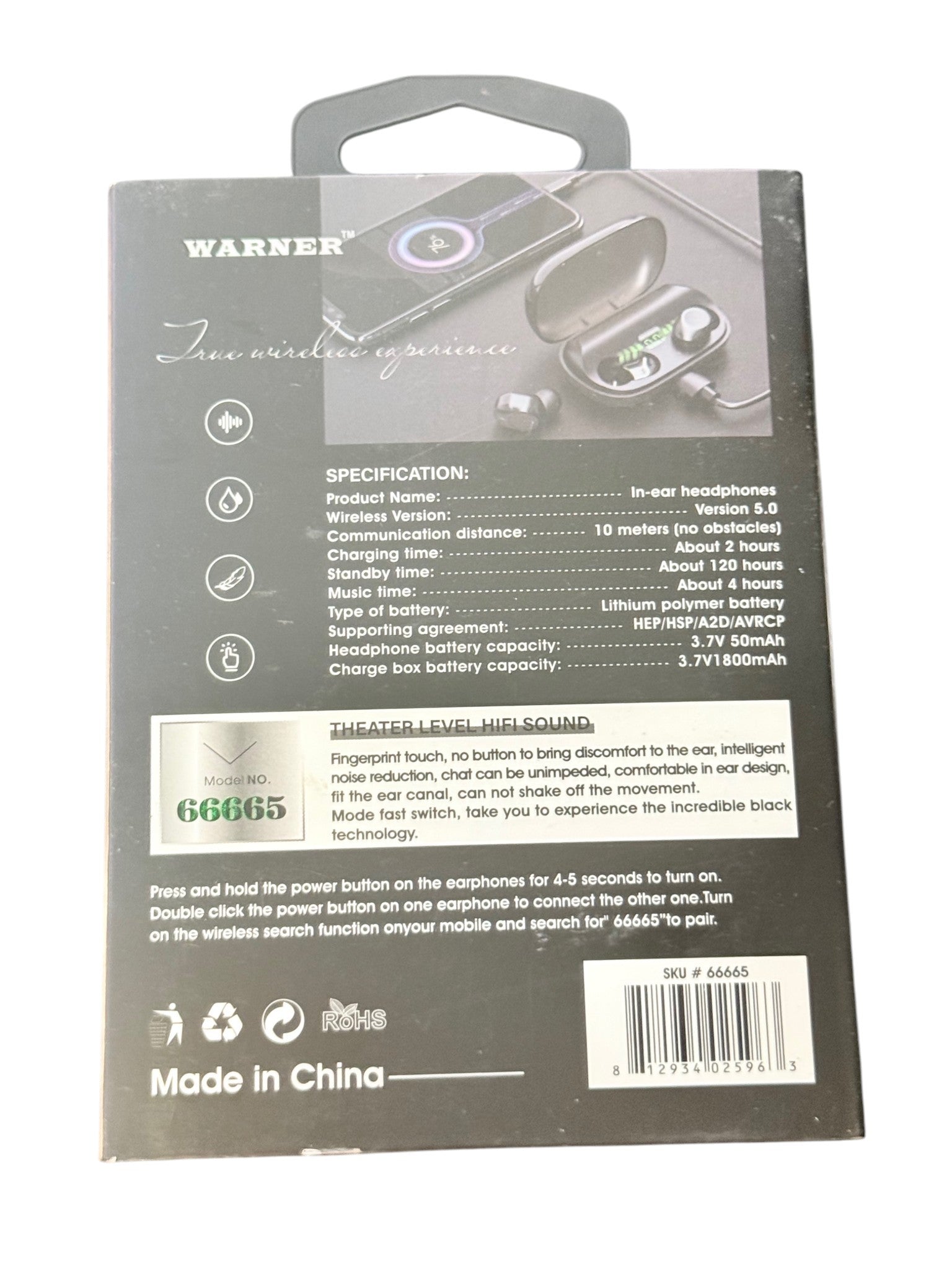 Warner Wireless Bluetooth In-Ear Earbuds Model 66665 Charging Case