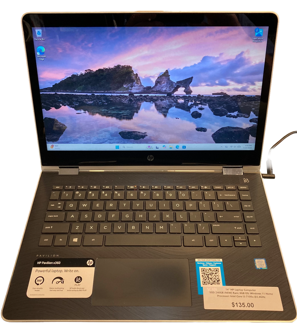 14" HP Laptop Computer SSD: 240GB (NEW) Ram: 8GB OS: Windows 11 Home Processor: Intel Core i3-7100u @2.4GHz