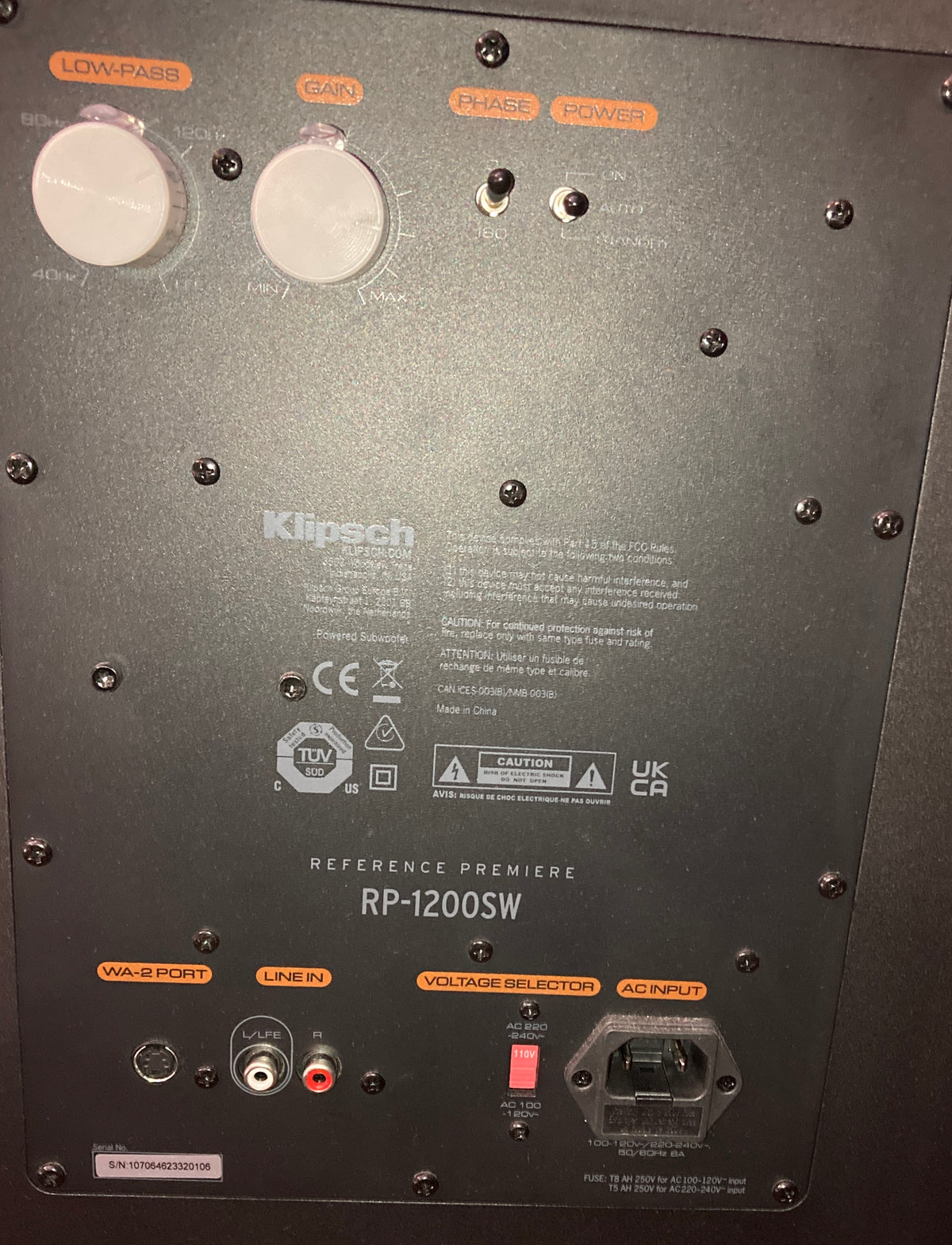 Klipsch RP-1200SW 12" 800 Watts Subwoofer Serial # 107064623320106