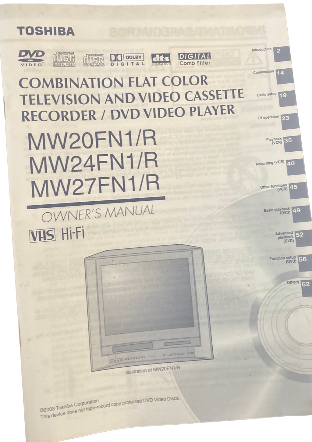 20" TOSHIBA MW20FN1R COLOR CRT TELEVISION DVD / VCR WITH REMOTE