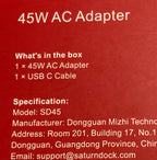 AC Adaptor 45 watts USB C Cable